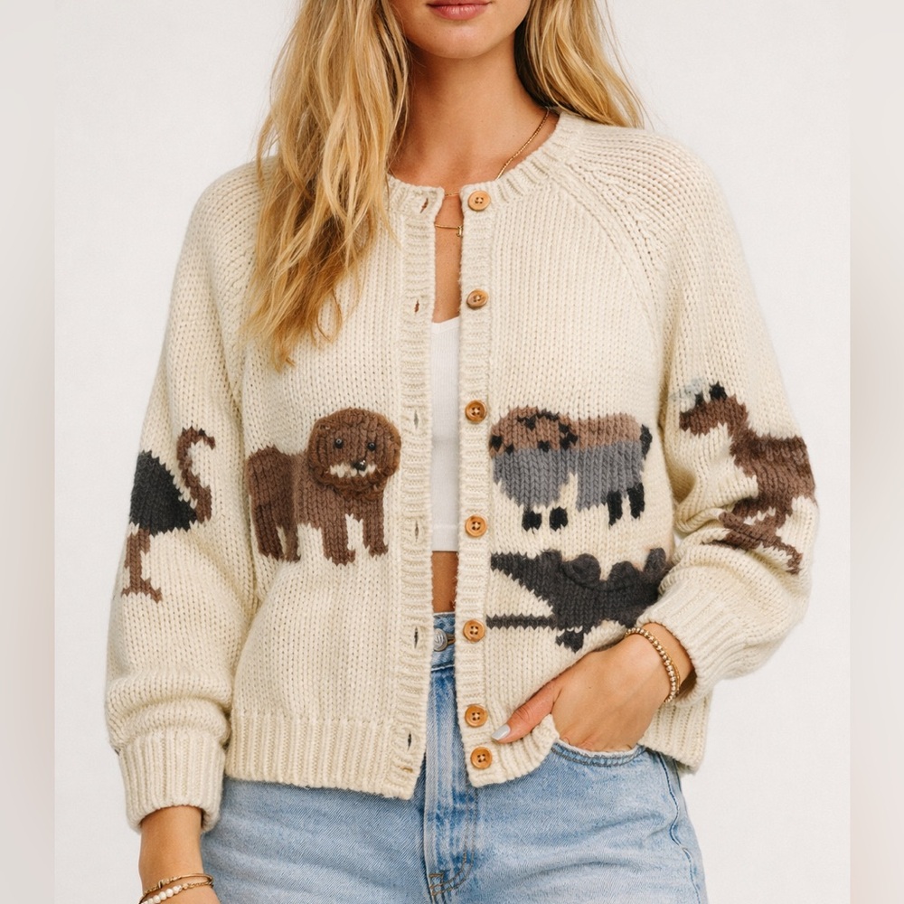 Vintage Marisa Christina Cream Knit Zoo Animal Cardigan - S